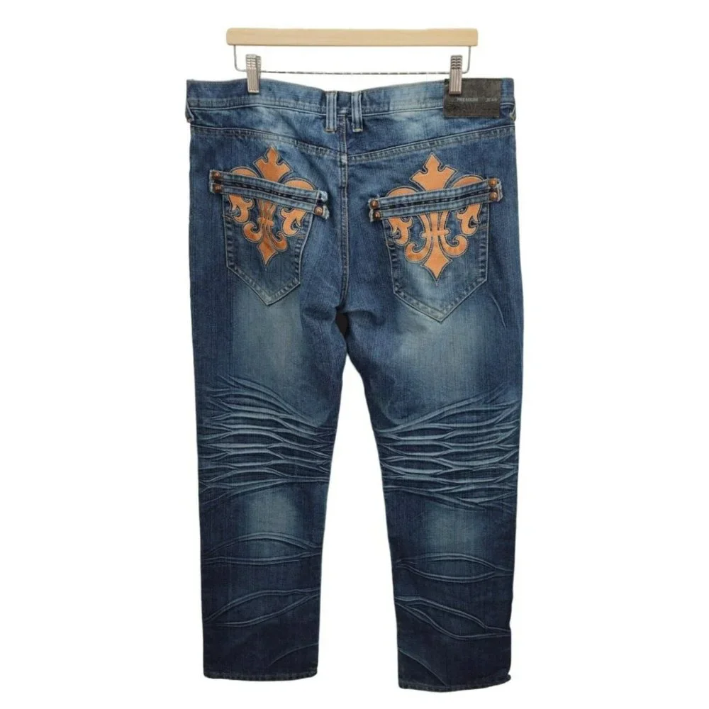 Raw Blue Premium Jeans Men's 38 Blue Embroidered Pockets‎ Hip Hop Y2K Dark Wash